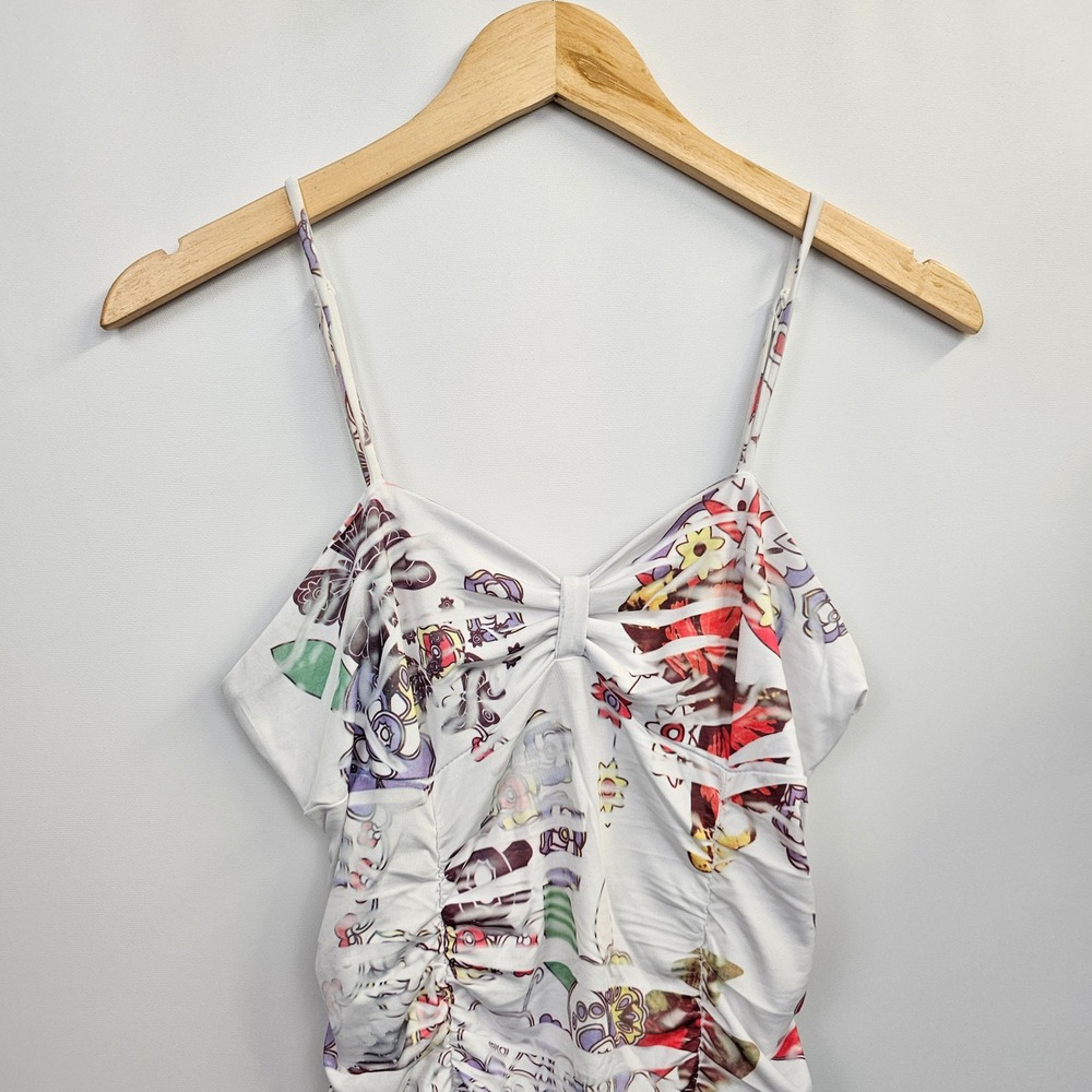 Y2K La Teen Mini Dress L White Pink Graphic Print Ruched Bodycon Babydoll NEW - Picture 12 of 12